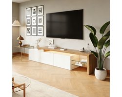 TV-Meubel 200 cm - ADFBL - Modern TV Dressoir Hoogglans Wit & Eiken - Lowboard met LED Verlichting & Glazen Legplanken - TV Kast met Veel Opbergruimte