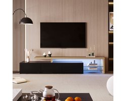 TV-meubel 200 cm met LED Verlichting – Modern TV Dressoir met Glasplanken, Hoogglans Zwart en Houtlook, Veel Opbergruimte – 200x39x30 cm