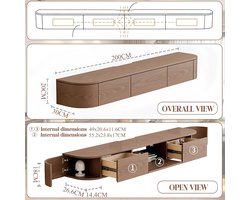 TV-meubel 200x30x20 cm Zwevend of Staand - TV-kast met 2 Laden, 2 Klepvakken, 2 Hoekopbergvakken, Kabelmanagement, Wandmontage of Vrijstaand, Geschikt voor TV tot 85 Inch - Walnoot Bruin - Mobili Bella