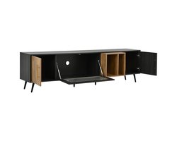 TV meubel 200x40x55,5 cm - tv kast voor 90 inch - donker hout met darker grijze houtlook - 4 deuren - glasdeur - kabelmanagement