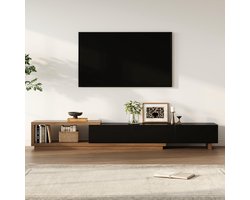 TV-meubel 255 x 38 x 36 cm – Uitschuifbaar Modern Entertainment Center met 3 Laden en Extra Opbergruimte – Zwart & Walnoot – MDF – 71 kg – Abkantoor