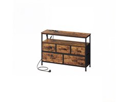 TV-meubel 98,7 x 30 x 68,1 cm Bruin + Zwart met LED Verlichting en Stopcontact 5 Lades en Open Opbergvak TV-kast met Metalen Frame voor TV tot 43 Inch Woonkamer Slaapkamer