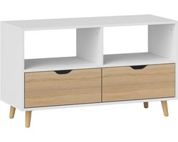 TV Meubel 99 x 39 x 58,3 cm, Wit, Spaanplaat met Melamine Afwerking, TV Kast, TV Dressoir, Televisiekast, TV Lowboard, 2 Open Vakken, 2 Laden, Kabelopbergruimte, 4 Houten Poten, Modern Ontwerp, Voor Woonkamer, Slaapkamer en Entertainmenthoek