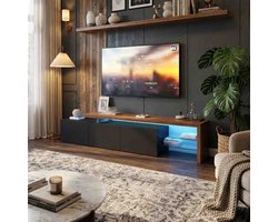 TV-meubel - ADFBL - 200 cm Breed - Zwart Hoogglans & Houtlook - Met LED Verlichting & Glazen Legplanken - Modern Lowboard