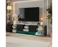 TV-meubel - ADFBL - Zwart Hoogglans 200 cm - Zwevend Effect - Met LED (App & Afstandsbediening) - Glazen Legplanken