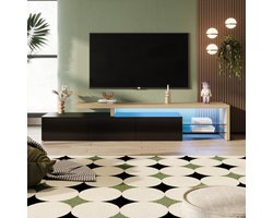 TV-meubel, asymmetrisch design TV-meubel, veel opbergruimte, hoogglanskleur, houtlook, glazen planken, instelbare LED-verlichting, lengte 200 cm (houtlook + zwart)