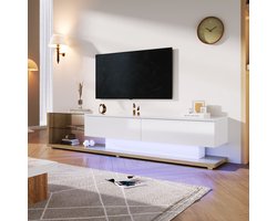 Tv-meubel - combinatie van glanzend witte en houtkleuren - glazen scheidingswanden en dimbare LED-verlichting