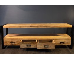 Tv-meubel – DOMBURG – 180×45×60 cm – Mangohout & Metaal – 4 Lades + Open Schap – Industrieel Design
