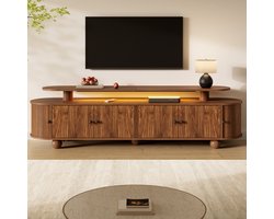 TV Meubel - Dubbel Laags Ovaal Design Met LED En Schuifdeuren - Retro Opbergkast Voor Woonkamer - MDF - Walnoot - 180x40x48 Cm