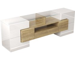 TV-meubel eettafelmeubel opbergmeubel en zijmeubel met kleurveranderende LED-verlichting 2 laden 3 open compartimenten en 6 deuren geschikt voor TV's van 50-59 inch met afmetingen 145 x 30 x 51 cm en in de kleur wit + houten tint