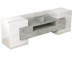 TV-meubel eettafelmeubel opbergmeubel en zijmeubel met kleurveranderende LED-verlichting 2 laden 3 open compartimenten en 6 deuren geschikt voor TV's van 50-59 inch met afmetingen 145 x 30 x 51 cm en in de kleur wit + Grijs tint