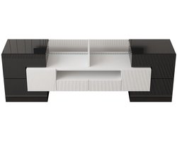 TV-meubel eettafelmeubel opbergmeubel en zijmeubel met kleurveranderende LED-verlichting 2 laden 3 open compartimenten en 6 deuren geschikt voor TV's van 50-59 inch met afmetingen 145 x 30 x 51 cm en in de kleur wit + Zwart tint