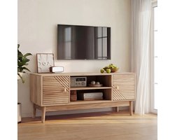 tv meubel Eiken Mid-Century 110x40x48 cm - Rasterdeuren en metalen grepen - Soft-close scharnieren en kabeldoorvoer - Massief houten poten - Geschikt voor 32-45 inch tv's