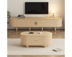 Tv-meubel en Salontafel Set – Woonkamermeubel – Lowboard – Opbergmeubel – Houten Tafel – Licht Walnoot – Ovaal Design – MDF Met Verstelbare Pootjes