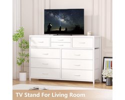 Tv-meubel-Grote ladekast met 10 laden- stoffen blad- houten afwerking- stalen frame– ladekast of tv-meubel voor slaapkamer- woonkamer-hal of kleedkamer– Wit leer