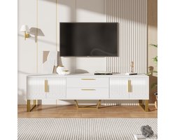 TV-meubel - Hoogglans en Textuur - Gouden Handgrepen en Poten - Luxe en Elegant - Hout - Wit