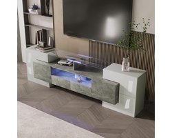 Tv-Meubel Hoogglans Wit - Modern Lowboard met LED Verlichting en Glazen Blad - Woonkamer Meubel - 200 cm - Betonlook Grijs