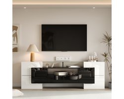 Tv-Meubel Hoogglans Wit-Zwart - Modern Lowboard 200 cm met LED Verlichting en Glazen Blad - Tv-Kast met 6 Deuren en 2 Lades - Woonkamer Meubel