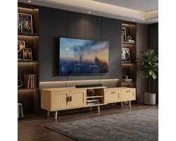 TV-Meubel, Houten TV-Kast, 2 Lades, 2 Kastdeuren, 1 Open Opbergvak, Gevlochten Rotan TV-Meubel, Verstelbare TV-Tafel, Geschikt Voor TV-Plaatsing (Eikenkleur)