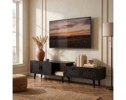 TV-Meubel, Houten TV-Kast, 2 Lades, 2 Kastdeuren, 1 Open Opbergvak, Gevlochten Rotan TV-Meubel, Verstelbare TV-Tafel, Geschikt Voor TV-Plaatsing (Zwart)
