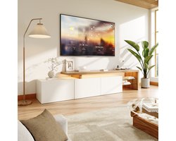 TV-meubel in hoogglans met LED-verlichting. Modern hoogglans tv-meubel, tv-tafel, asymmetrisch ontwerp, LED-verlichting, grote opbergruimte, 2 glazen planken, 200x39x42cm, wit