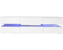 TV-meubel in hoogglans wit, 160 x 39 x 45 cm, met ledverlichting, 2 deuren, 1 lade, open vak, geschikt voor 70 inch tv's - met inzetstuk van acrylglas en push-open-opening, tv-standaard in hoogglans