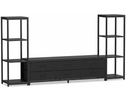 TV-meubel in industriële stijl- met twee planken en zes stoffen lades- voor de woonkamer of slaapkamer- geschikt voor tv's tot 75 inch- zwart