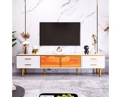 TV-meubel in marmerlook, TV-meubel met 4 poten, 4 gestructureerde laden met gouden handgrepen en twee deuren van bruin gehard glas, modern TV-lowboard voor woonkamer, 170*37*47,5cm