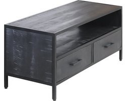 Tv meubel industrieel mangohout Fello zwart tv kast met 2 lades 100cm duurzaam mango massief hout tv-meubel