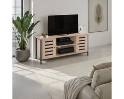 TV Meubel Industrieel voor 55 Inch TV 110x41,5x50,5 cm – TV Kast met Deuren, Open Vak en Kabelmanagement, Houten TV Lowboard met Metalen Frame voor Woonkamer – Urbanhome