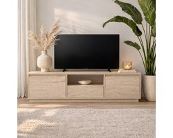TV Meubel Japandi Travertin Melamine - drie kastjes - 160x42x29,5 cm - Flare