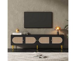 TV Meubel Laag - Dressoir - Televisie Kast - 4 Deuren - Hoogte verstelbare planken - Kabelbeheer - Rotan - Zwart