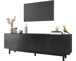 tv meubel laag model - Voor woonkamer en slaapkamer - 175 cm breed - Zwart - 4 push-to-open deuren - Verstelbare legplanken - Zwarte houten poten - Geschikt voor 75 inch tv - Minimalistisch design