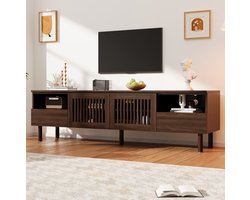TV-Meubel - Laden, Roosterdeuren En Open Vakken - Voor Televisies Van 55 Tot 75 Inch - MDF Met Houten Poten - 180 x 40 x 51 Cm - Walnootkleur
