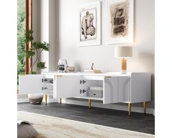 Tv-meubel - lage kast met gestructureerde deuren - gouden handgrepen en gouden poten - 170 x 35 x 47,5 cm