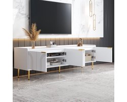 Tv-meubel - lage kast met gestructureerde deuren - gouden handgrepen en gouden poten - 170 x 35 x 47,5 cm - wit