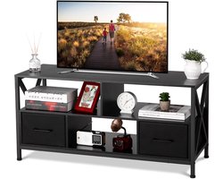 Tv-meubel - Landelijke stijl - Compacte zwarte afwerking - 2 stoffen lades en open plank - Tv-meubel voor tv's tot 50 inch voor woonkamer en slaapkamer