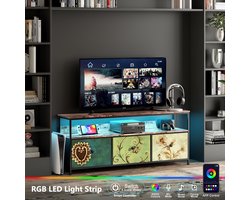 TV-meubel, LED-laden Kast met 4 laden, industriële tv-kast met laden, stoffen laden en metalen frame, houten oppervlak voor woonkamer, kinderkamer, hal, rustiek, Multi-Groen, 137x29.8x57cm