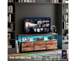 TV-meubel, LED-ladenkast Kast met 4 laden, industriële tv-kast met laden, stoffen laden en metalen frame, houten oppervlak voor woonkamer, kinderkamer, hal, rustiek, bruine houten kleur, 137x29.8x57cm