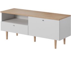 TV meubel Loveli 120, TV meubel met lade, ruim, modern, Scandinavische stijl. Breedte 120 cm. Kleur wit + lichtbruin - korting