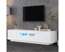 TV Meubel - Lowboard Dressoir - Entertainment Zone - Sfeervolle LED Verlichting - 180 cm Breed - Hoogglans Wit