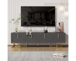 TV-meubel, lowboard met gestructureerde deur, TV-meubel met lades, gouden handgrepen en gouden poten