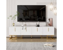 TV-meubel, lowboard met gestructureerde deur, TV-meubel met lades, gouden handgrepen en gouden poten