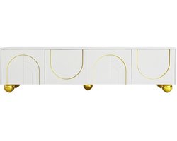 TV-meubel, lowboard met gestructureerde deuren, gouden versieringen, gouden ronde poten, inclusief planken, push-to-open