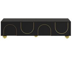 TV-meubel, lowboard met getextureerde deuren, gouden versieringen, gouden ronde poten, inclusief planken, push-to-open,zwart