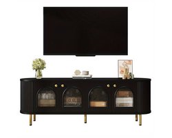 Tv-meubel – Lowboard – TV-kast – Media meubel – TV-dressoir – Zwart MDF met glazen deuren – Gouden handgrepen en poten – Ruime opbergruimte – Afgeronde hoeken