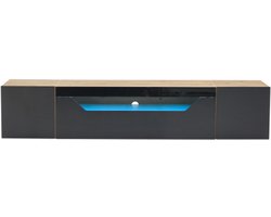 TV-meubel met 3 opbergvakken, lowboard, zwevend wandbord, hoogglans tv-meubel met ledverlichting, wandmontage tv-tafel, geschikt voor 75-inch tv's, zwart + originele houtkleur