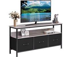 TV-meubel-met 3 stoffen lades en open plank- houten tv-tafel met verstelbare poten voor woonkamer en slaapkamer geschikt voor tv's tot 55 inch-120 x 57 x 30-5 cm- grijs