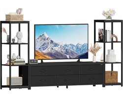 TV-meubel met 6 stoffen lades en 2 legplanken, 4 niveaus, zwart 226 x 35 x 120 cm, voor 75-inch tv