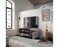 TV-Meubel met Elektrische Haard 200x57x35 cm – Navihome Cement & Zwart Industrieel TV Kast – Modern Woonkamermeubel voor TV tot 80 inch – TV-Meubel met LED Haard, Opbergruimte & Metalen Poten – Luxe Design TV Dressoir